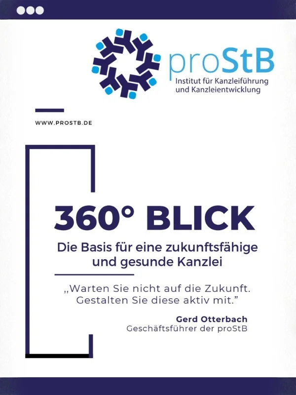 Titelseite eines prokanzlei Informationsdokuments mit Logo und Überschrift zum 360° Blick Flyer für zukunftsfähige Kanzleientwicklung.