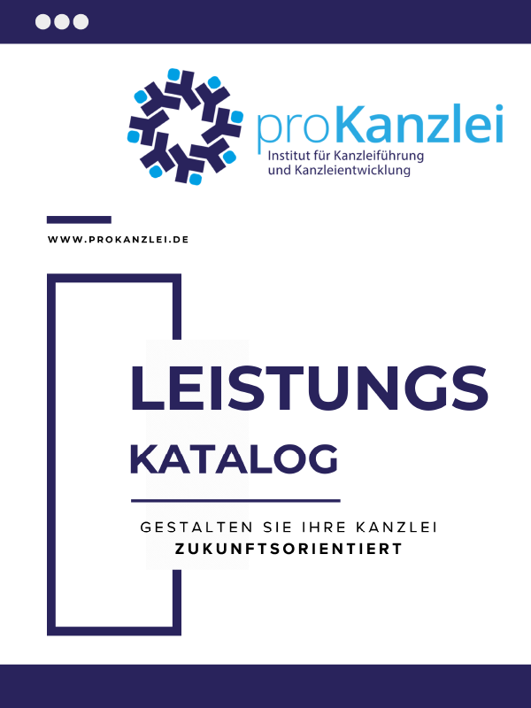 Titelseite eines proKanzlei Informationsdokuments mit Logo und Überschrift zum Leistungskatalog für zukunftsorientierte Kanzleientwicklung