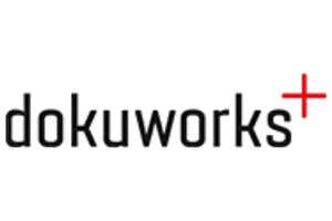Prokanzlei Logo Dokuworks mit schwarzem Schriftzug und rotem Pluszeichen auf transparentem Hintergrund.