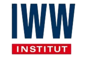 Prokanzlei Logo IWW Institut mit blauem Schriftzug und rotem Balken auf transparentem Hintergrund.