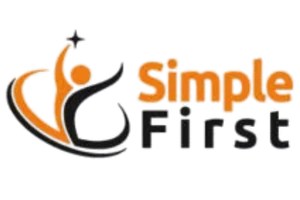 Prokanzlei Logo Simple First mit orange-schwarzem Schriftzug und dynamischem Symbol.