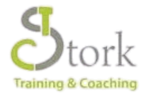 Prokanzlei Logo Stork Training & Coaching mit grün-grauem Schriftzug und Symbol auf transparentem Hintergrund.
